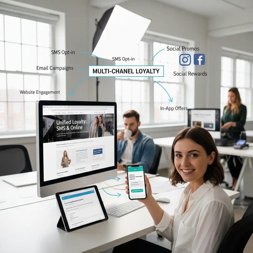 Network diagram illustrating SMS loyalty integration across channels: a central mobile phone sending a text message, with arrows branching out to an email inbox icon, social media logos (Instagram/Facebook), an in-app pop-up on a smartphone, a website banner on a desktop browser, and a retail checkout terminal—each labeled to show unified multi-channel loyalty engagement.