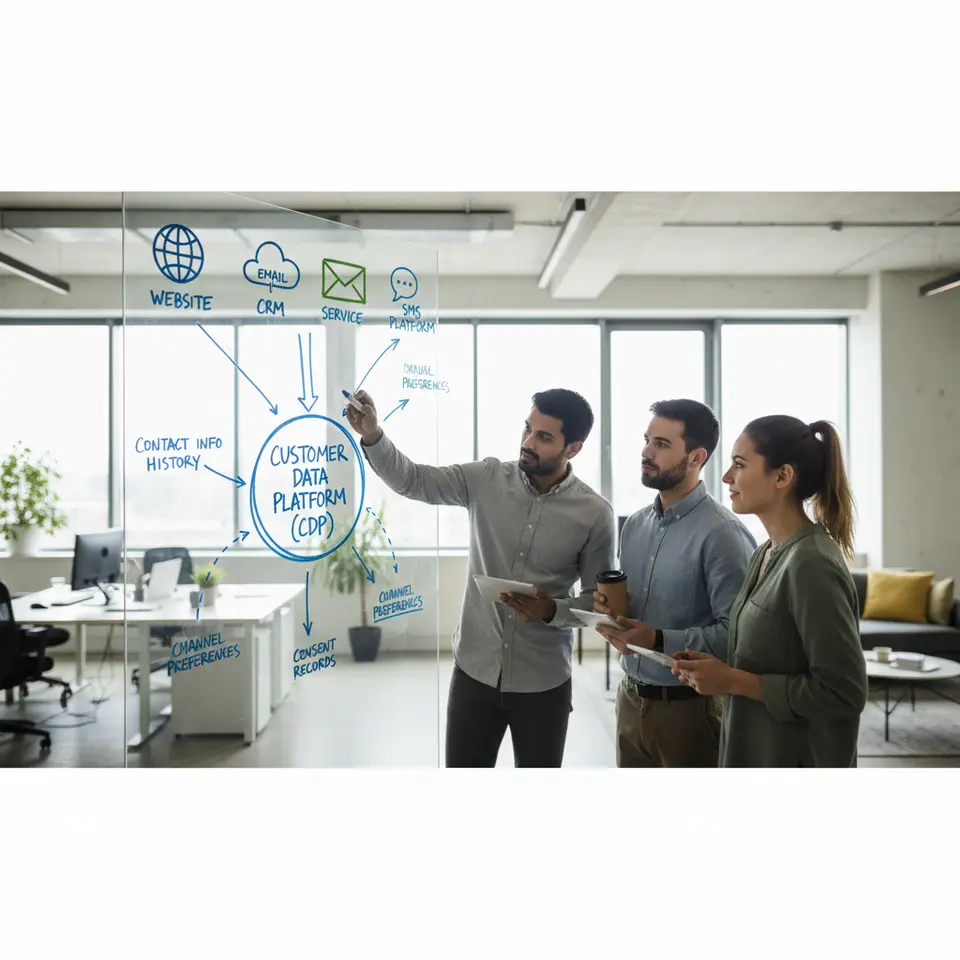 Diagram of a unified customer profile: website, CRM, email service, and SMS platform icons funneling data into a central Customer Data Platform, surrounded by elements like contact info, purchase history, channel preferences, and consent records