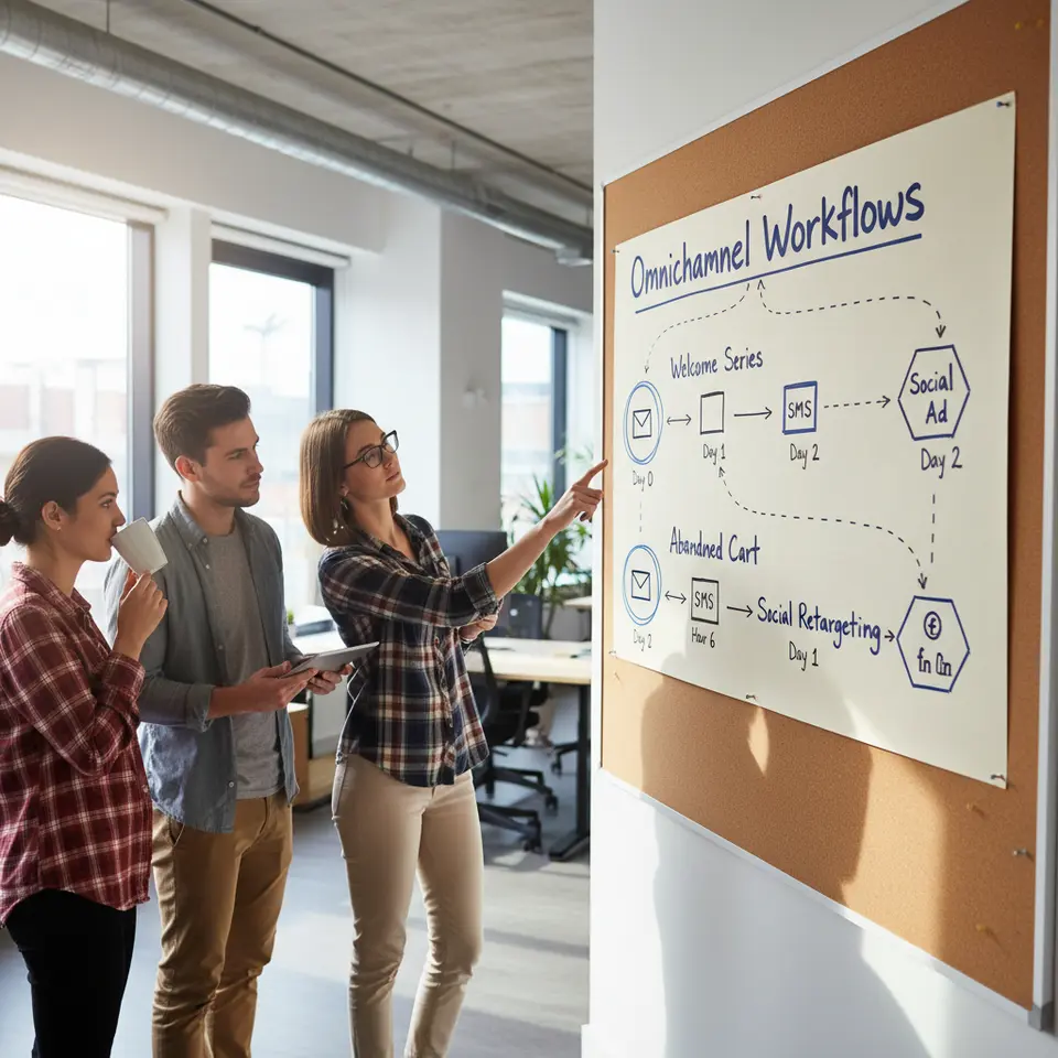 Timeline-style flowchart of coordinated omnichannel workflows: a day-by-day sequence for a welcome series (Email Day 0 → SMS Day 1 → Social Ad Day 2) and an abandoned cart recovery flow (Email Hour 2 → SMS Hour 6 → Social Retargeting Day 1), with each channel icon linked by arrows