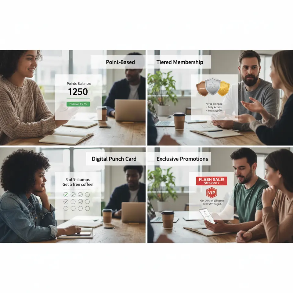 Four-panel infographic showing the four types of SMS loyalty programs: a smartphone screen displaying a points balance and “Redeem for $5” button (Point-Based), another showing Bronze→Silver→Gold tier badges with perks (Tiered Membership), a third with a digital punch card graphic counting down “3 of 9 stamps” (Digital Punch Card), and a fourth announcing an SMS-only flash sale with a VIP badge (Exclusive Promotions).