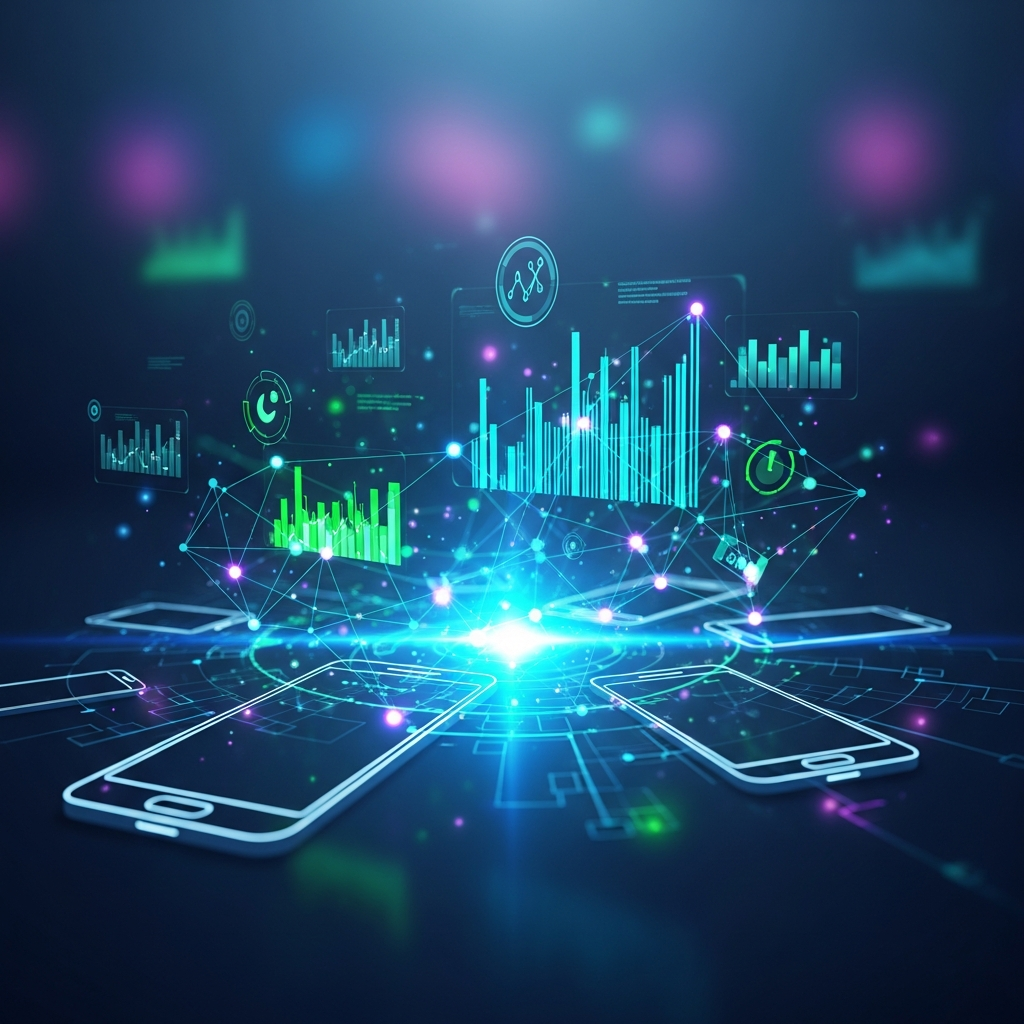 Mobile devices with analytics charts representing SMS marketing metrics.