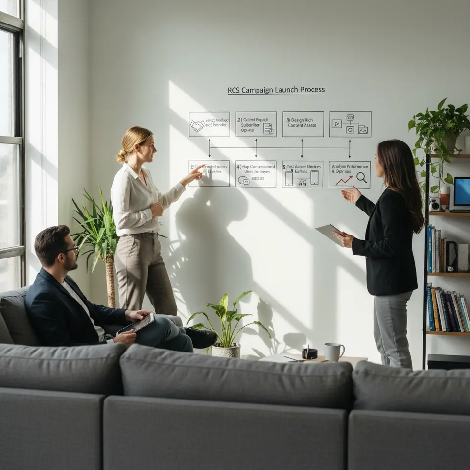 A clean, modern six-step flowchart illustrating the process of launching an RCS marketing campaign: 1) Select a verified RCS provider (icon of a handshake or API diagram), 2) Collect explicit subscriber opt-ins (icon of a consent form or checkbox), 3) Design rich content assets (icon of image and video files), 4) Map conversational user journeys with quick-reply buttons (icon of a branching chat flow), 5) Test across devices and carriers (icon of multiple smartphones and signal bars), 6) Analyze performance metrics and optimize (icon of a line graph and magnifying glass).