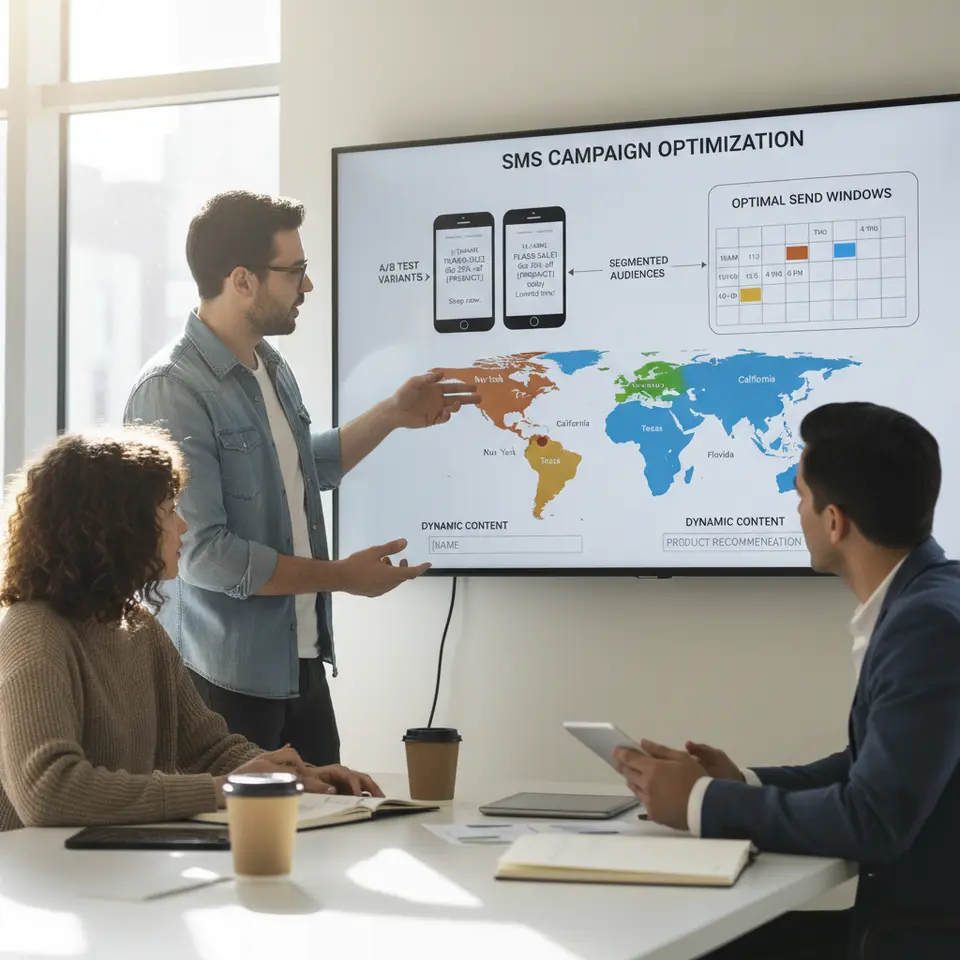 A workflow diagram illustrating data-driven SMS campaign optimization strategies: side-by-side message variants for A/B testing, segmented audience groups on a map, a timing calendar highlighting optimal send windows, and dynamic content fields inserting personalized names and product recommendations.