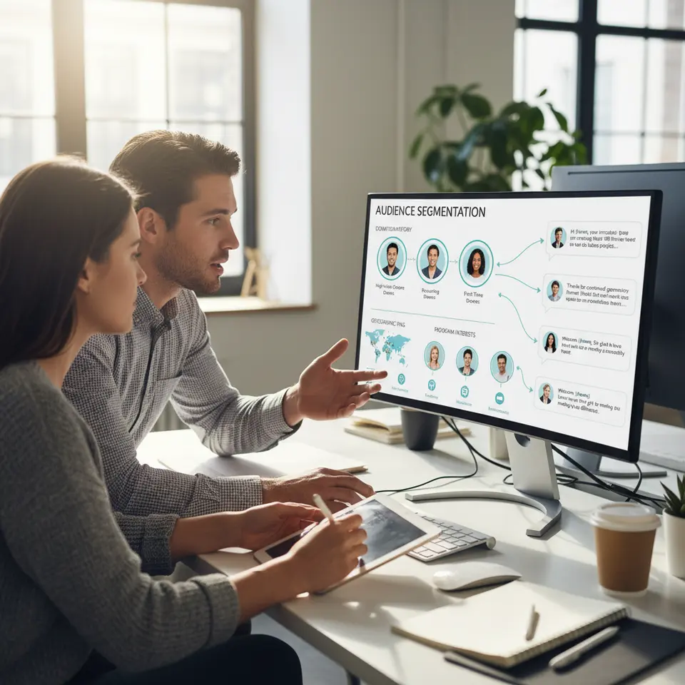 Audience Segmentation: a dashboard-style graphic showing supporter avatars grouped by donation history, geographic pins, and program interests, with arrows leading to personalized SMS bubbles targeting each segment