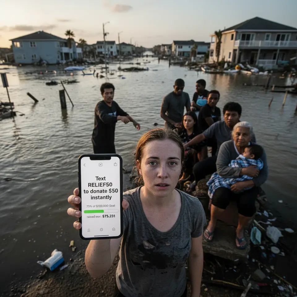 Emergency Donation Appeals: a dramatic disaster scene (e.g., flooded streets or damaged homes) overlaid with a smartphone displaying an urgent text “Text RELIEF50 to donate $50 instantly,” plus a real-time donation progress bar