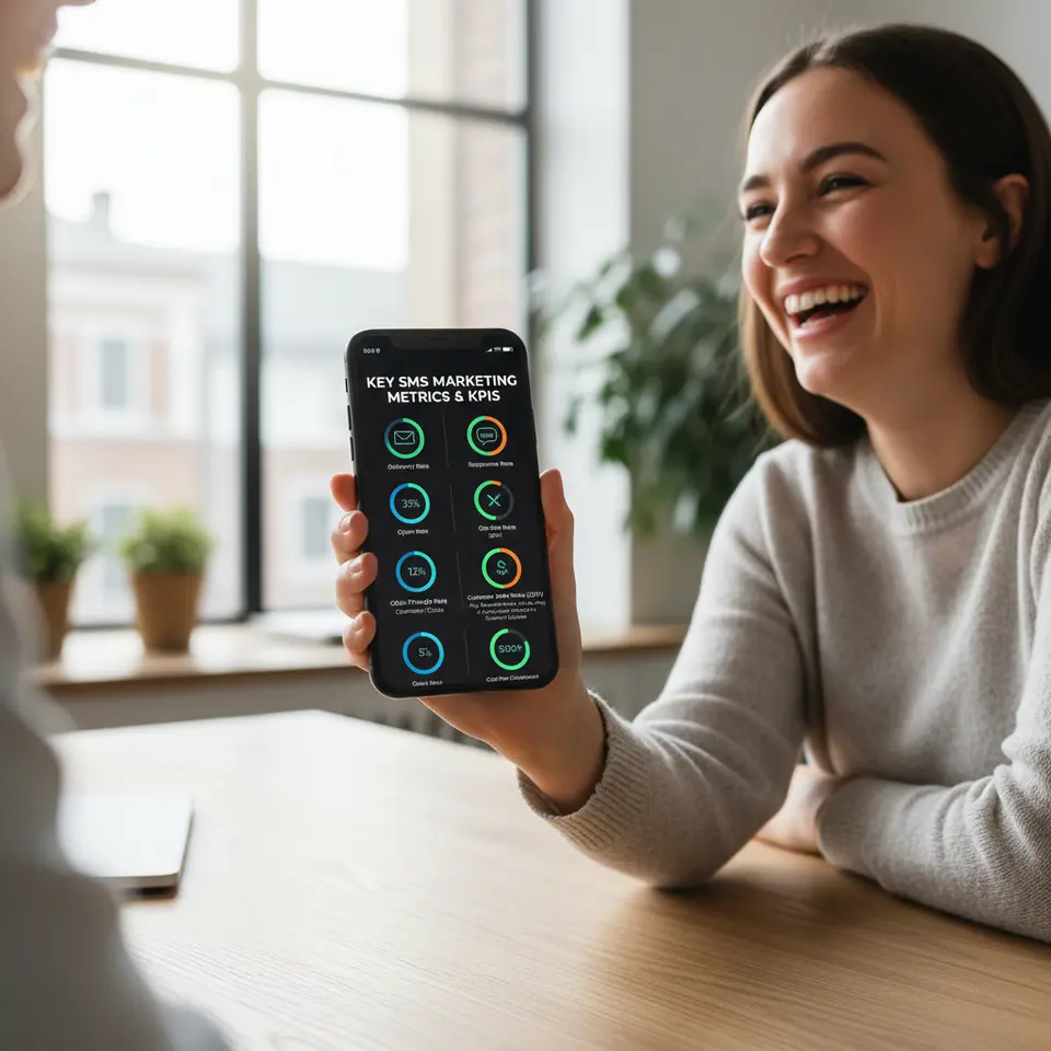 Infographic-style layout of a smartphone screen showcasing the Key SMS Marketing Metrics and KPIs: labeled icons and meter gauges for Delivery Rate, Open Rate, Click-Through Rate, Conversion Rate, Response Rate, Opt-Out Rate, Cost Per Conversion, and Customer Lifetime Value, each accompanied by its formula.