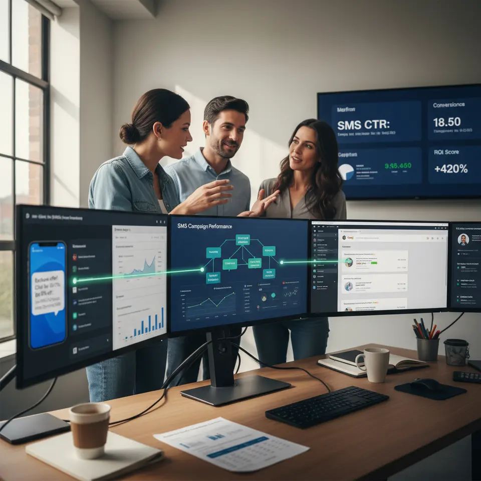 Workflow diagram illustrating Tracking and Analyzing SMS Campaign Performance: a flow from an SMS with UTM-tagged link → Google Analytics dashboard → CRM/marketing automation integration → real-time performance dashboard → automated scheduled reports, highlighting data flow and tool integrations.