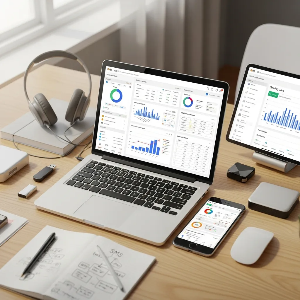 A multi-screen computer setup showing CRM data and SMS analytics
