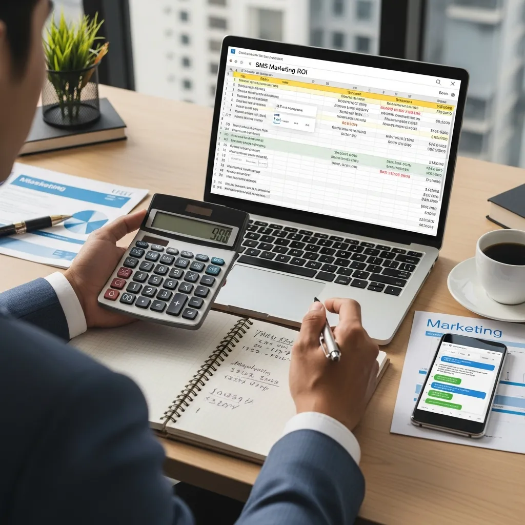 A person using a calculator next to marketing strategy documents